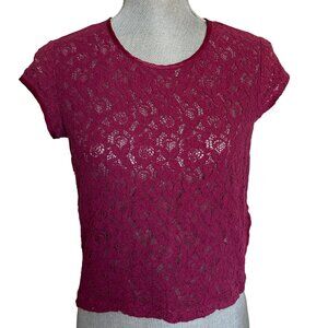 H&M Divided Overlay Top - Size 2 - Sheer Front - Red Floral - Short Sleeve